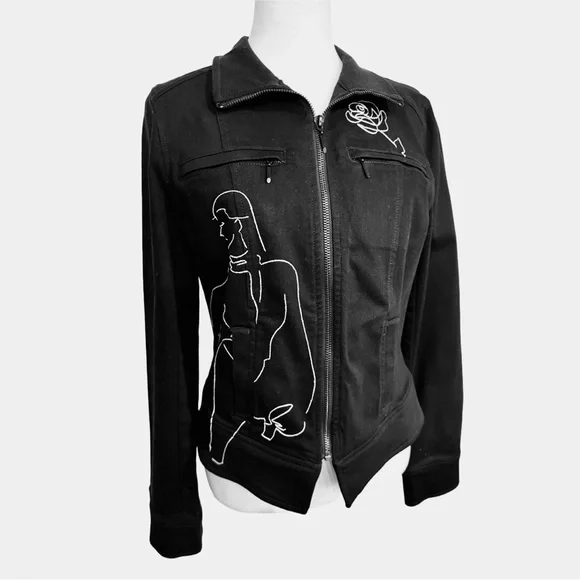 WHBM Cotton Blend Black Jacket with White Embroidery - Picture 1 of 9